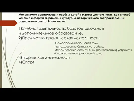 Механизмом социализации особых детей является деятельность, как способ, условие и