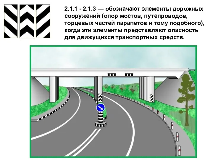 2.1.1 - 2.1.3 — обозначают элементы дорожных сооружений (опор мостов,