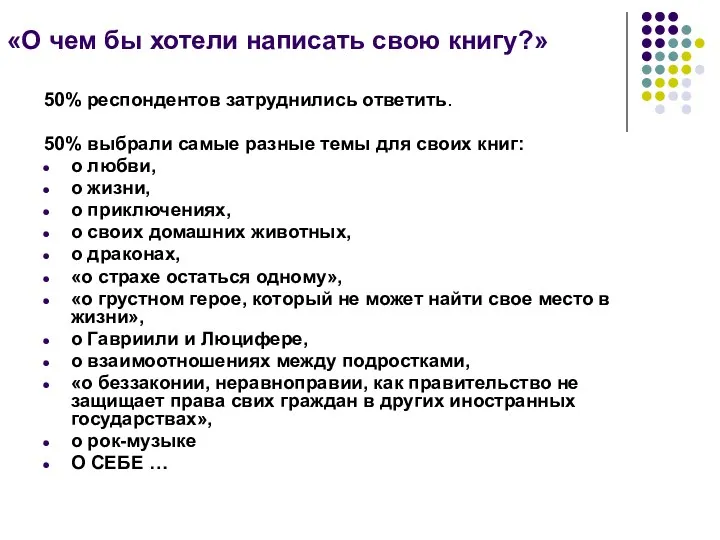 «О чем бы хотели написать свою книгу?» 50% респондентов затруднились