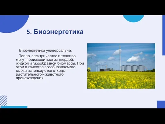 5. Биоэнергетика Биоэнергетика универсальна. Тепло, электричество и топливо могут производиться из твердой, жидкой