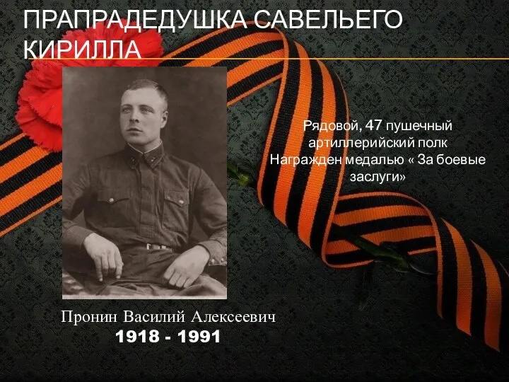 ПРАПРАДЕДУШКА САВЕЛЬЕГО КИРИЛЛА Пронин Василий Алексеевич 1918 - 1991 Рядовой,