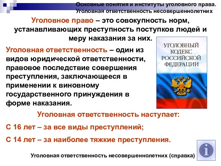 Основные понятия и институты уголовного права. Уголовная ответственность несовершеннолетних Уголовное