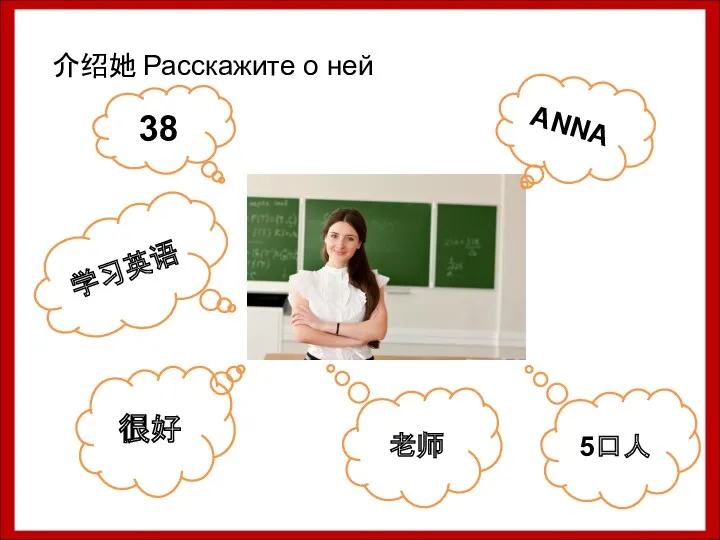 介绍她 Расскажите о ней ANNA 38 很好 5口人 老师 学习英语