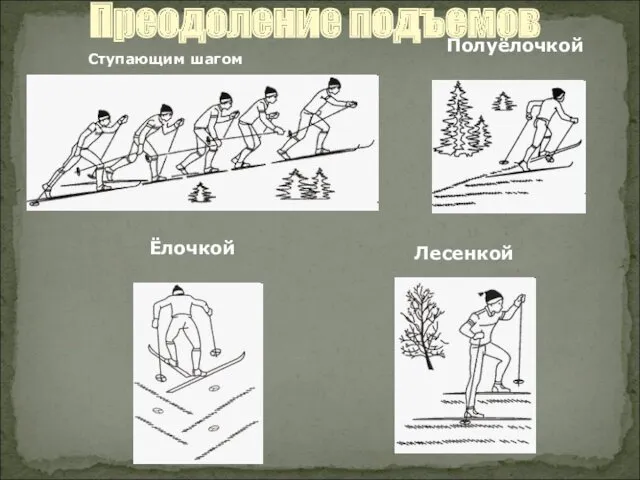 Преодоление подъемов Ступающим шагом Полуёлочкой Ёлочкой Лесенкой