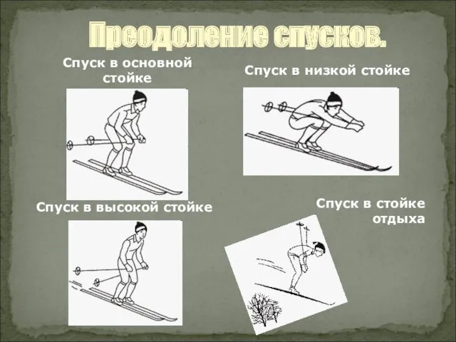 Преодоление спусков. Спуск в основной стойке Спуск в низкой стойке