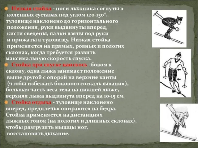 Низкая стойка - ноги лыжника согнуты в коленных суставах под