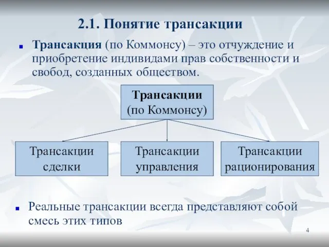 2.1. Понятие трансакции Трансакция (по Коммонсу) – это отчуждение и