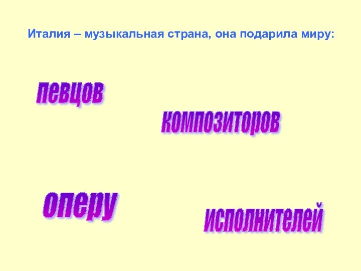 Италия – музыкальная страна, она подарила миру: певцов исполнителей оперу композиторов