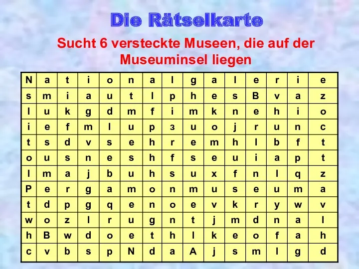 Die Rätselkarte Sucht 6 versteckte Museen, die auf der Museuminsel liegen