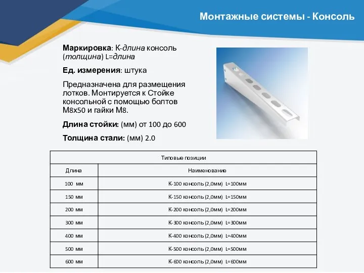 Монтажные системы - Консоль Маркировка: К-длина консоль (толщина) L=длина Ед.