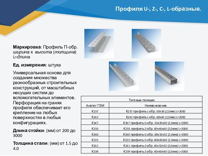 Профиля U-, Z-, C-, L-образные. Маркировка: Профиль П-обр. ширина х