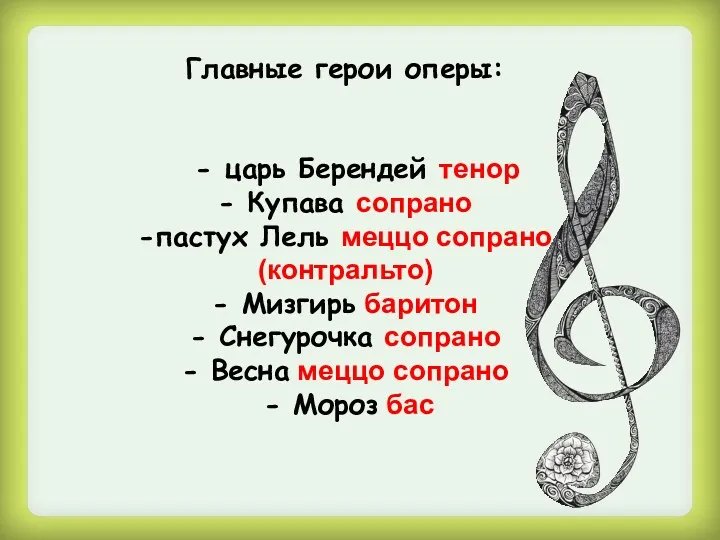 Главные герои оперы: - царь Берендей тенор - Купава сопрано