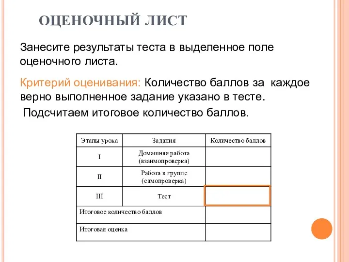 ОЦЕНОЧНЫЙ ЛИСТ Занесите результаты теста в выделенное поле оценочного листа.