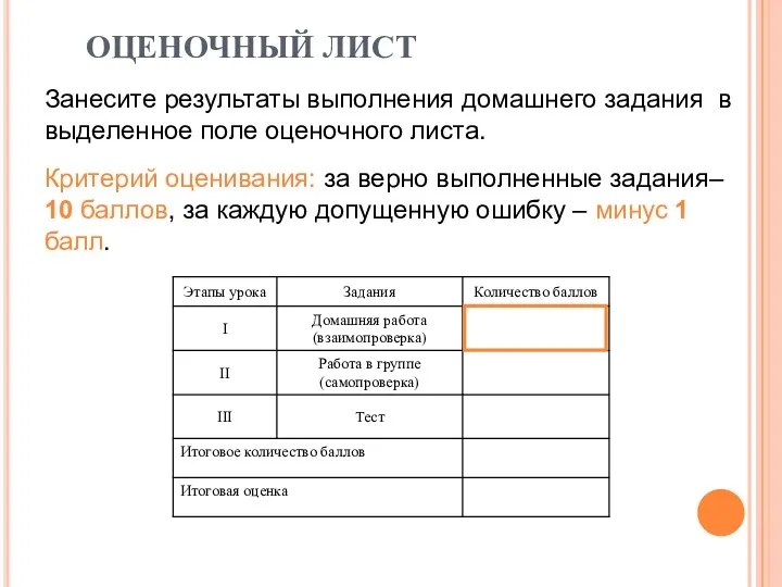 ОЦЕНОЧНЫЙ ЛИСТ Занесите результаты выполнения домашнего задания в выделенное поле