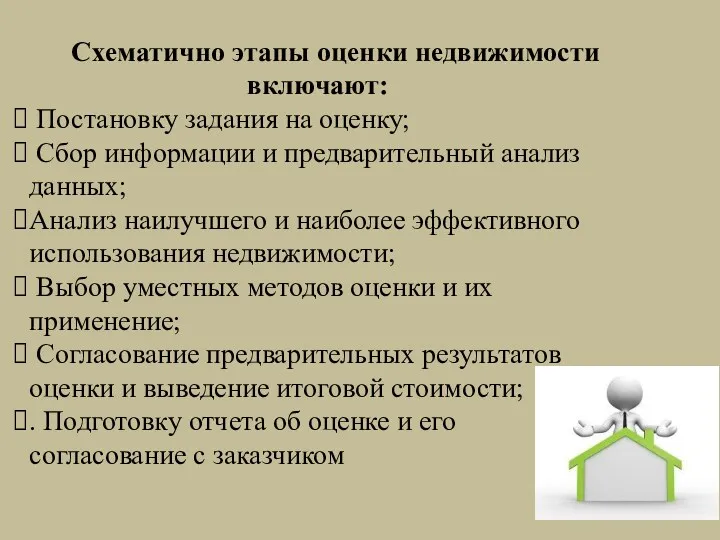 Схематично этапы оценки недвижимости включают: Постановку задания на оценку; Сбор