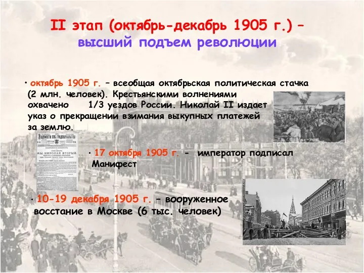 II этап (октябрь-декабрь 1905 г.) – высший подъем революции октябрь