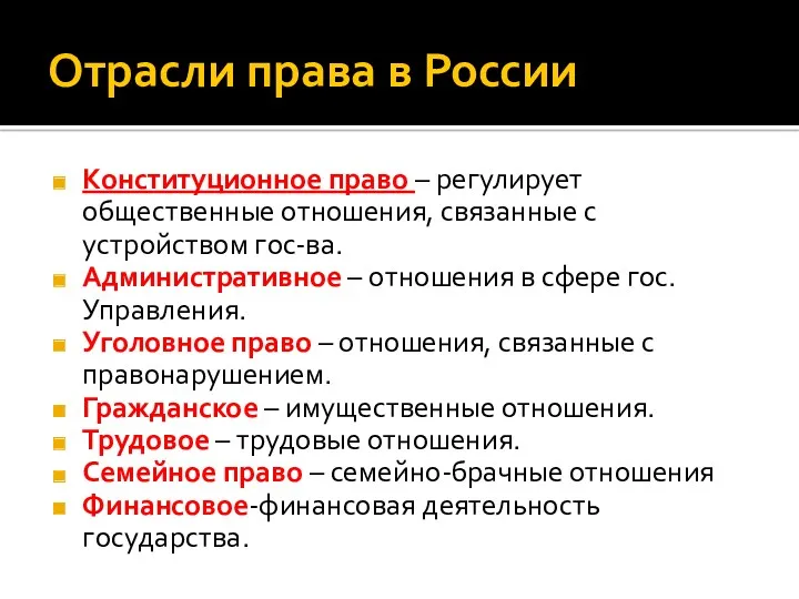 Отрасли права в России Конституционное право – регулирует общественные отношения,