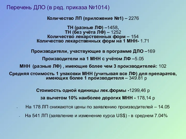 Перечень ДЛО (в ред. приказа №1014) Количество ЛП (приложение №1) – 2276 ТН