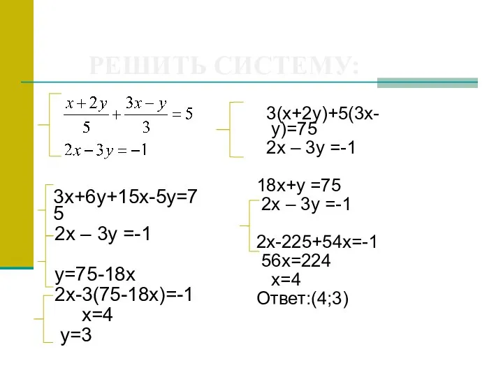 РЕШИТЬ СИСТЕМУ: 3(х+2у)+5(3х-у)=75 2х – 3у =-1 18х+у =75 2х