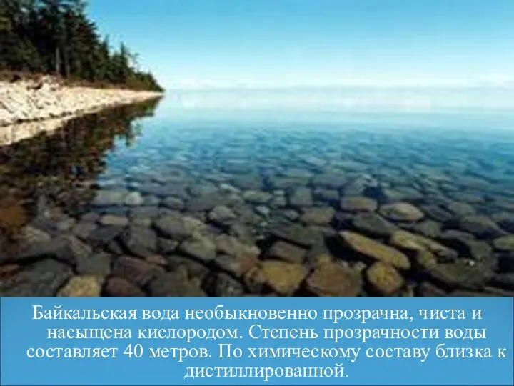 Байкальская вода необыкновенно прозрачна, чиста и насыщена кислородом. Степень прозрачности