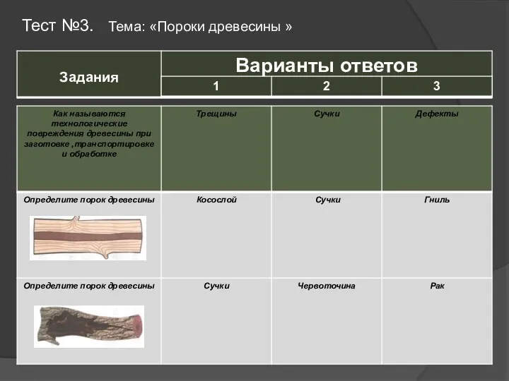 Тест №3. Тема: «Пороки древесины »