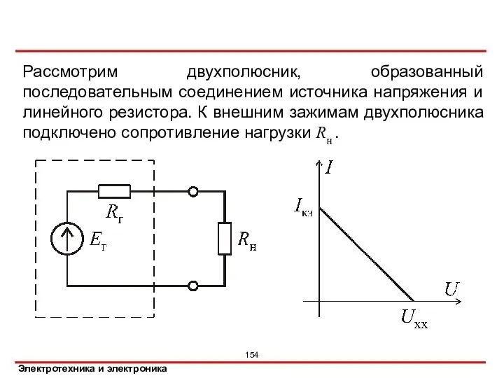 Характеристики эквивалентного двухполюсника Рассмотрим двухполюсник, образованный последовательным соединением источника напряжения и линейного резистора.
