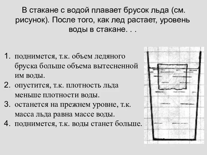 В стакане с водой плавает брусок льда (см. рисунок). После