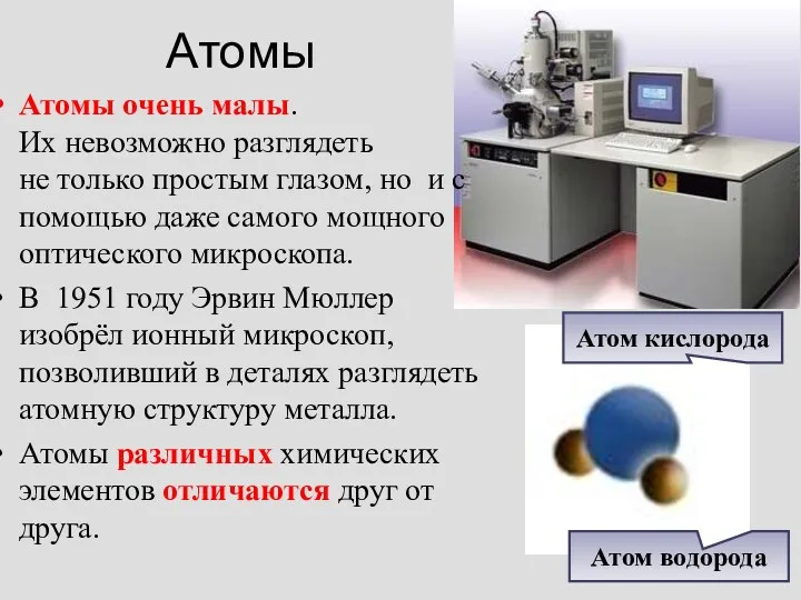 Атомы Атомы очень малы. Их невозможно разглядеть не только простым