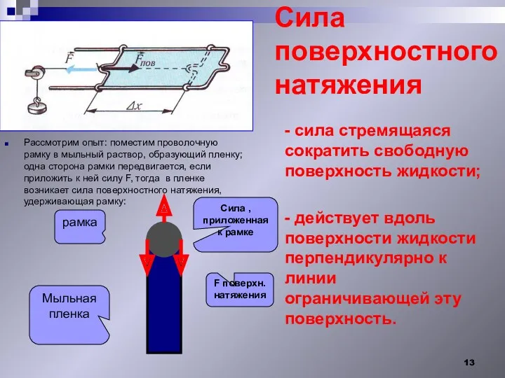 Сила поверхностного натяжения - сила стремящаяся сократить свободную поверхность жидкости;