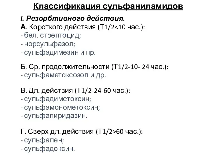 Классификация сульфаниламидов I. Резорбтивного действия. А. Короткого действия (Т1/2 -