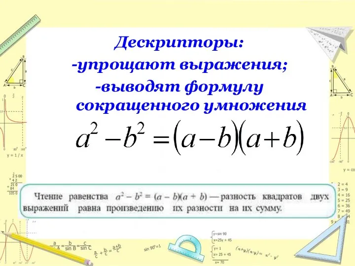 Дескрипторы: -упрощают выражения; -выводят формулу сокращенного умножения