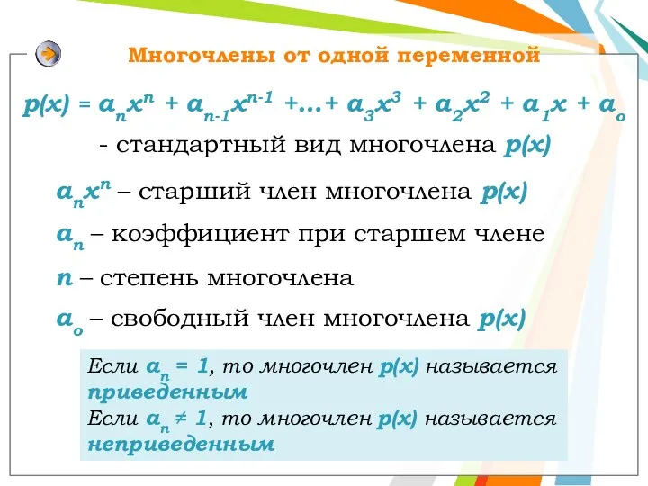 Многочлены от одной переменной р(x) = anxn + an-1xn-1 +…+