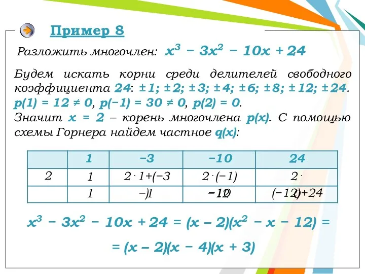 Пример 8 х3 − 3х2 − 10х + 24 =