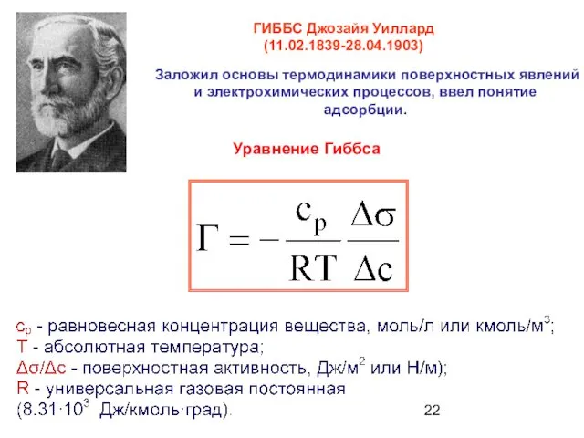 Уравнение Гиббса ГИББС Джозайя Уиллард (11.02.1839-28.04.1903) Заложил основы термодинамики поверхностных явлений и электрохимических