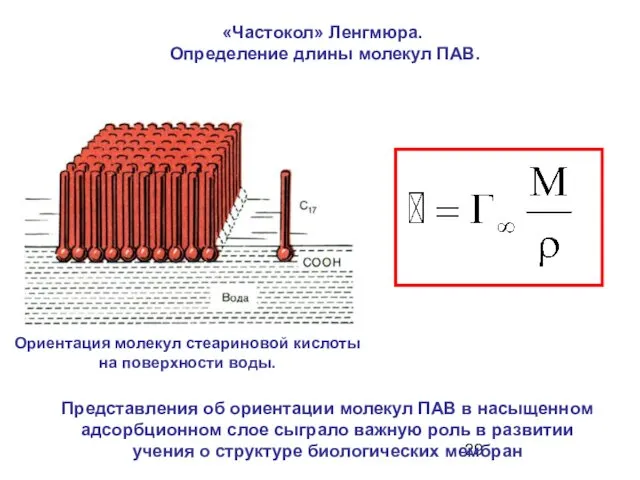 «Частокол» Ленгмюра. Определение длины молекул ПАВ. Представления об ориентации молекул ПАВ в насыщенном