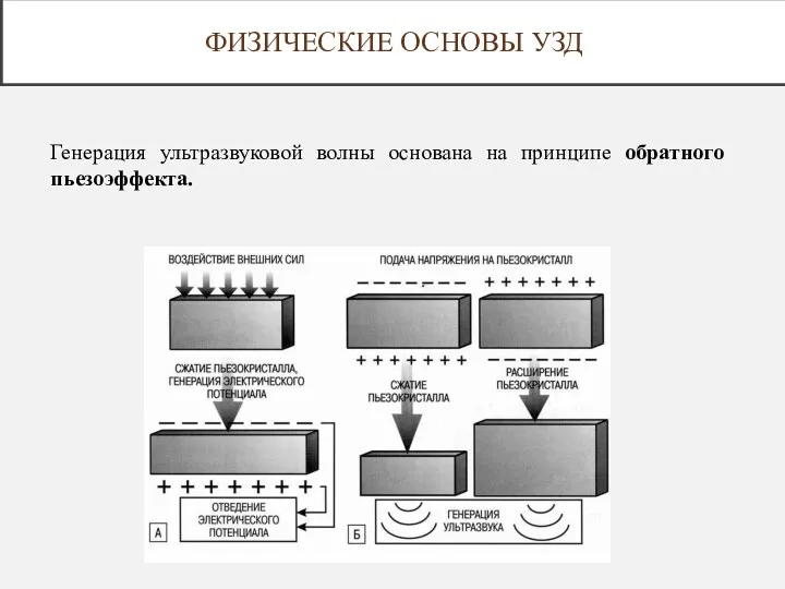 Генерация ультразвуковой волны основана на принципе обратного пьезоэффекта. ФИЗИЧЕСКИЕ ОСНОВЫ УЗД