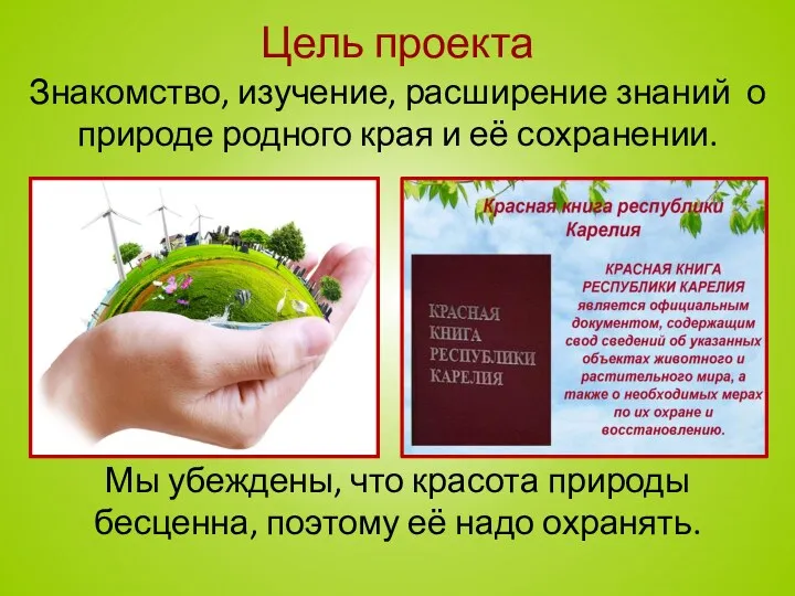 Цель проекта Знакомство, изучение, расширение знаний о природе родного края и её сохранении.