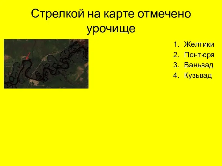 Стрелкой на карте отмечено урочище Желтики Пентюря Ваньвад Кузьвад