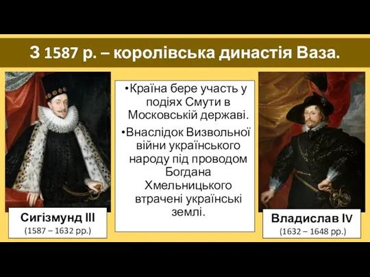 З 1587 р. – королівська династія Ваза. Країна бере участь у подіях Смути
