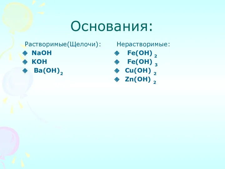 Основания: Растворимые(Щелочи): NaOH KOH Ba(OH)2 Нерастворимые: Fe(OH) 2 Fe(OH) 3 Cu(OH) 2 Zn(OH) 2