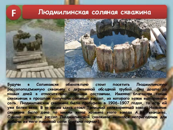 Будучи в Соликамске обязательно стоит посетить Людмилинскую рассолоподъемную скважину с деревянной обсадной трубой.