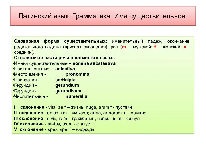 Латинский язык. Грамматика. Имя существительное. Словарная форма существительных: именительный падеж,