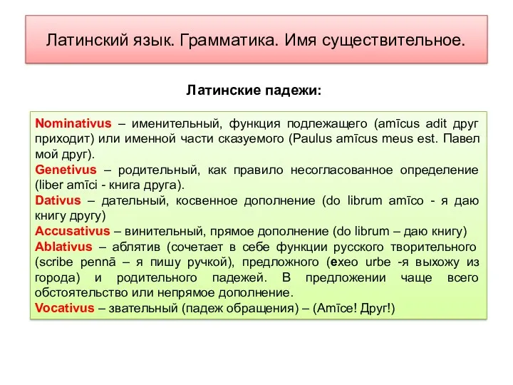 Латинский язык. Грамматика. Имя существительное. Nominativus – именительный, функция подлежащего