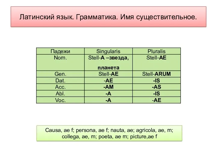 Латинский язык. Грамматика. Имя существительное. Causa, ae f; persona, ae