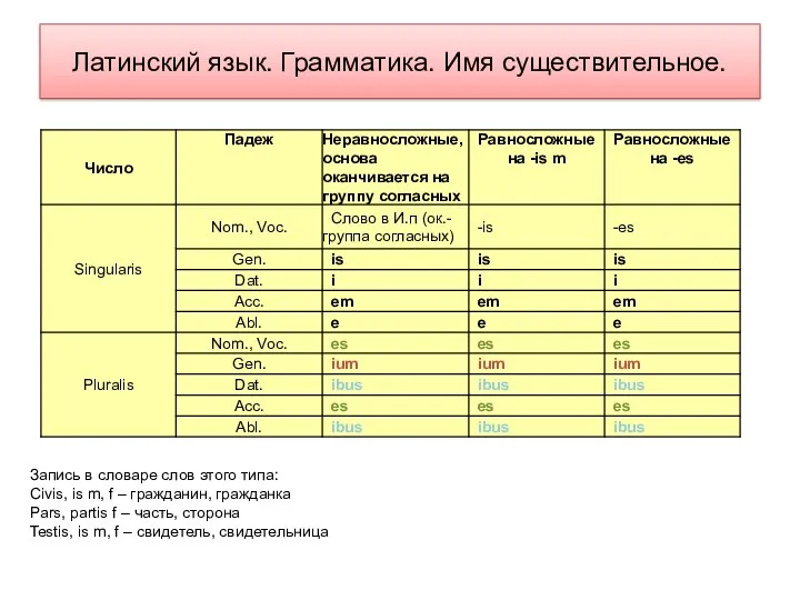 Латинский язык. Грамматика. Имя существительное. Запись в словаре слов этого