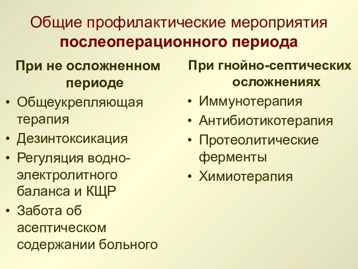 Общие профилактические мероприятия послеоперационного периода При не осложненном периоде Общеукрепляющая