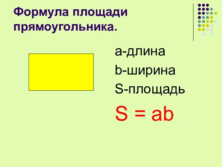 Формула площади прямоугольника. a-длина b-ширина S-площадь S = ab