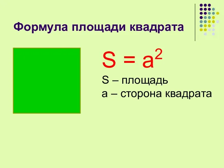 Формула площади квадрата S = a2 S – площадь а – сторона квадрата