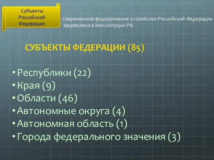 Субъекты Российской Федерации Современное федеративное устройство Российской Федерации закреплено в