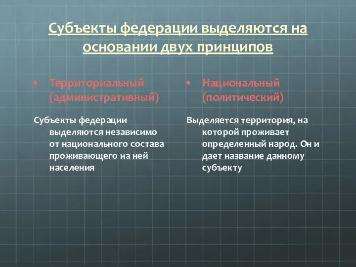 Субъекты федерации выделяются на основании двух принципов Территориальный (административный) Субъекты